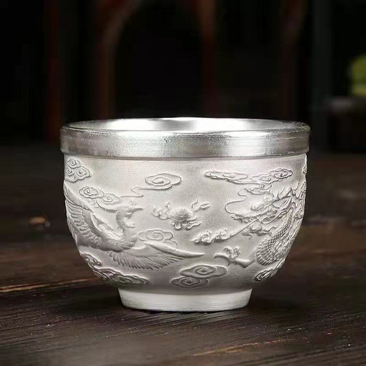 Silver plated 3D dragon and phoenix cup