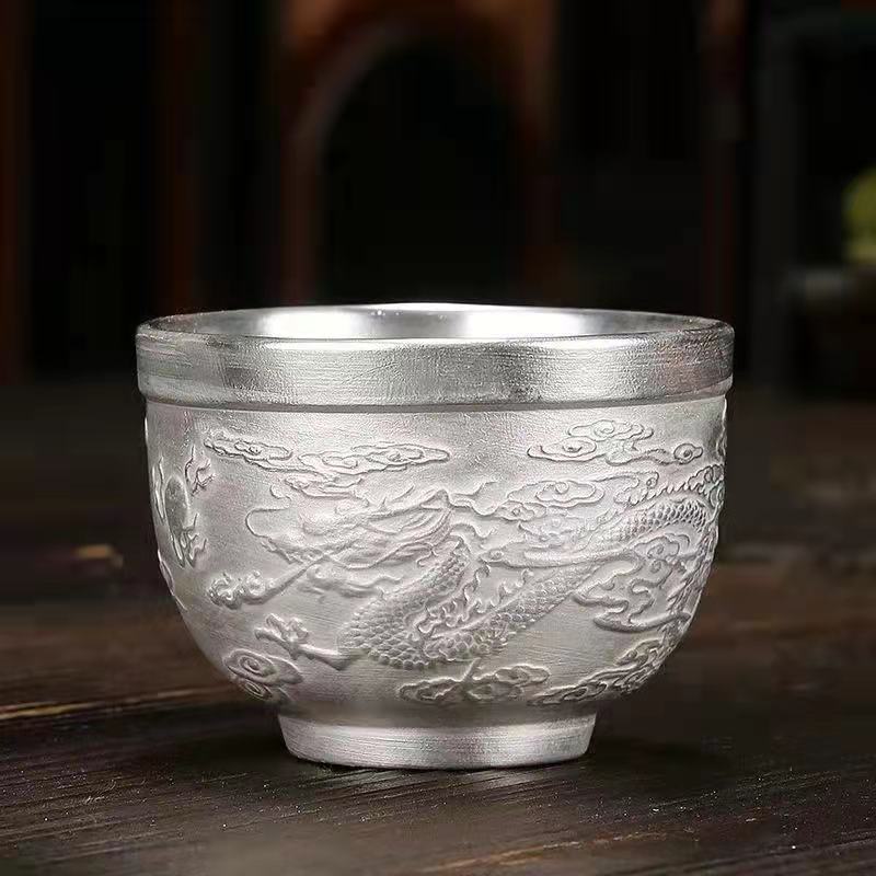 Silver plated 3D dragon and phoenix cup