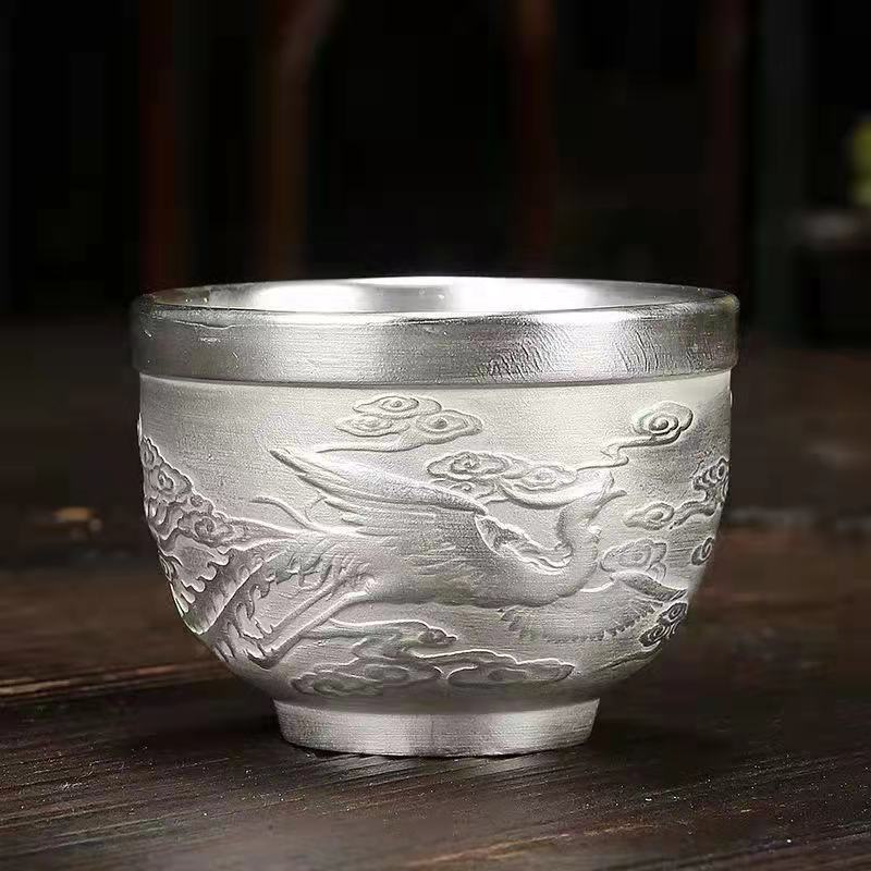 Silver plated 3D dragon and phoenix cup